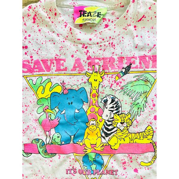 Vintage Kids 80s 90s Tee Splatter Paint Animal Neon Save Planet Teaze Sunwear 10 - Picture 2 of 3